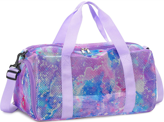 CAMTOP Mesh Travel Duffle Bag for Kid Small Overnight Weekender Sleepover Bags Carry On Dance Sport Bag with Shoe & Wet Compartment for Swim Beach Camp Travel (Bubble Purple Pink)