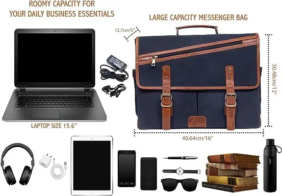 16 Inch Canvas Leather Briefcase Computer Laptop Book Large Satchel Salmon Alder