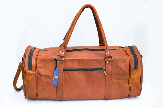Vintage Leather Duffle Bag for Travel or the Gym,- Brown- Round Salmon Alder