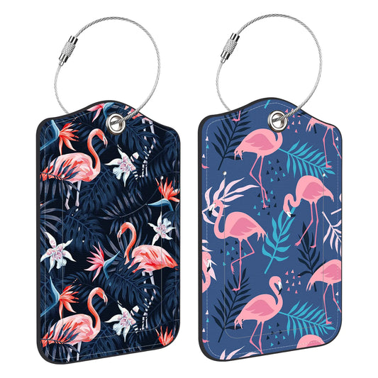 2 Pack PU Leather Luggage Tag for Suitcase Flamingo and Tropical Plants Suitcase Tags with Privacy Name ID Label and Stainless Steel Loop for Travel Bag Suitcase