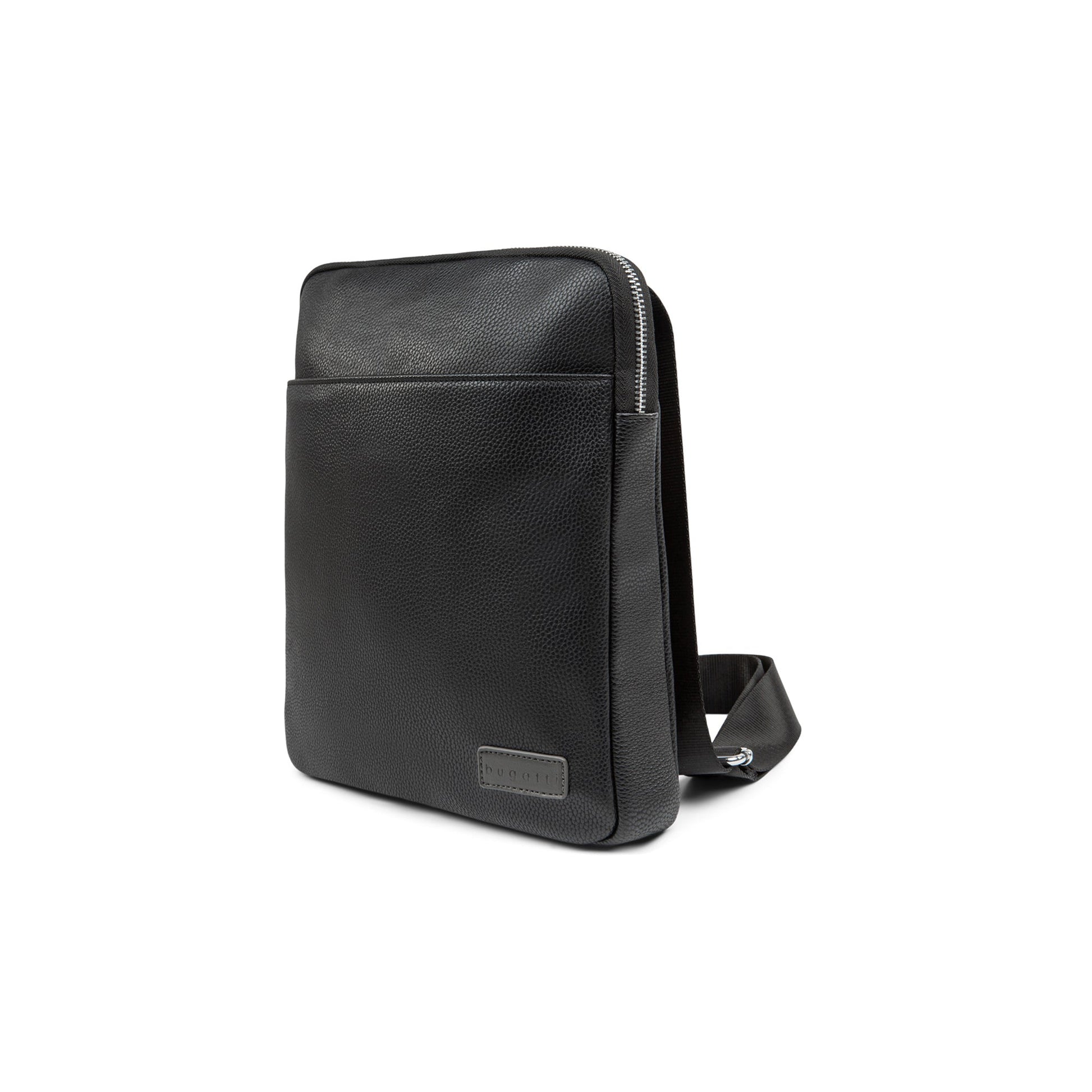 Black leather crossbody bag on a white background