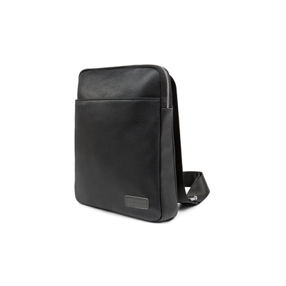 Black leather crossbody bag on a white background
