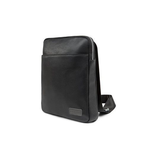 Black leather crossbody bag on a white background