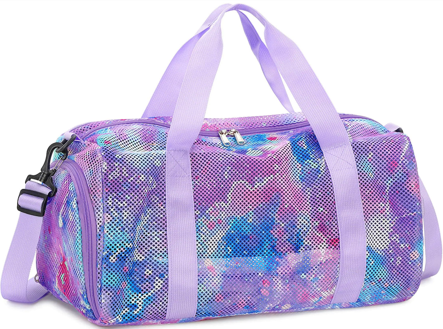CAMTOP Mesh Travel Duffle Bag for Kid Small Overnight Weekender Sleepover Bags Carry On Dance Sport Bag with Shoe & Wet Compartment for Swim Beach Camp Travel (Bubble Purple Pink)