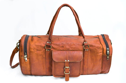 Vintage Leather Duffle Bag for Travel or the Gym,- Brown- Round Salmon Alder
