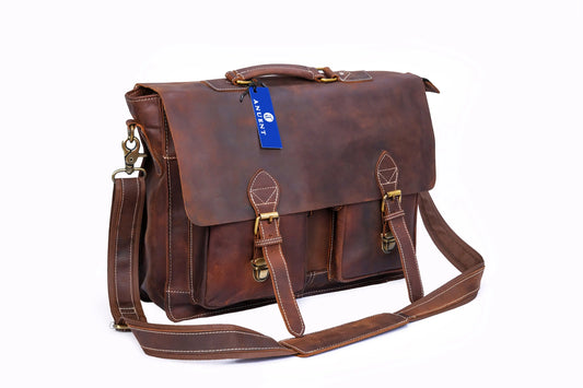 Anuent Handmade Brown Leather Laptop Bag With 2 Pockets. Salmon Alder
