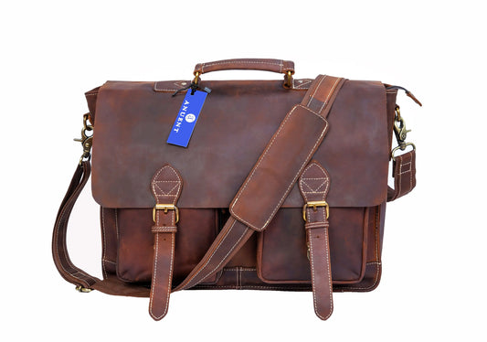 Anuent Handmade Brown Leather Laptop Bag With 2 Pockets. Salmon Alder