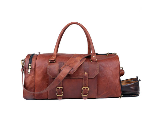 Handmade Genuine Leather Travel Duffel Bag with Shoe Compartment Salmon Alder