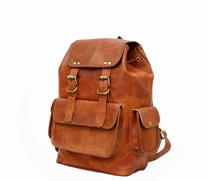 15 Inch Vintage Brown Genuine Leather Women Backpack Bag Salmon Alder