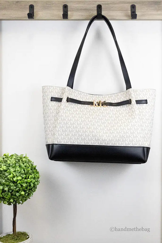 Michael Kors Reed Large Vanilla Black Signature PVC Belted Tote Shoulder Handbag